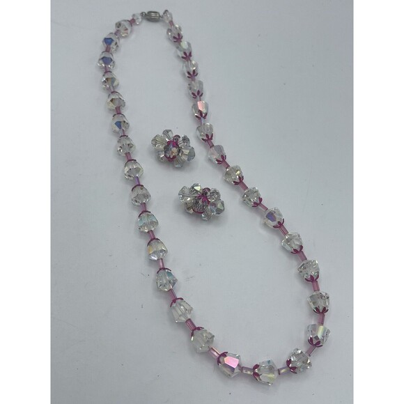 Vintage Vendome Aurora Borealis Crystal Fuschia Metal Necklace Earring Set Rare - Picture 9 of 15